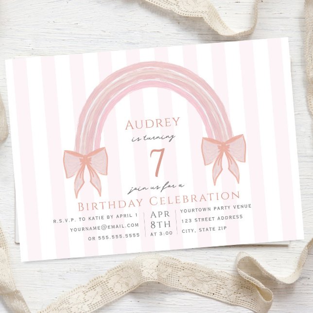 Fancy Pink Rainbow Bow Girls Birthday Party Invitation (Creator Uploaded)