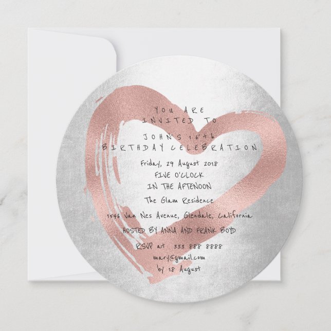 Fancy Pink Rose Gold Heart Silver Birthday Invitation (Front)