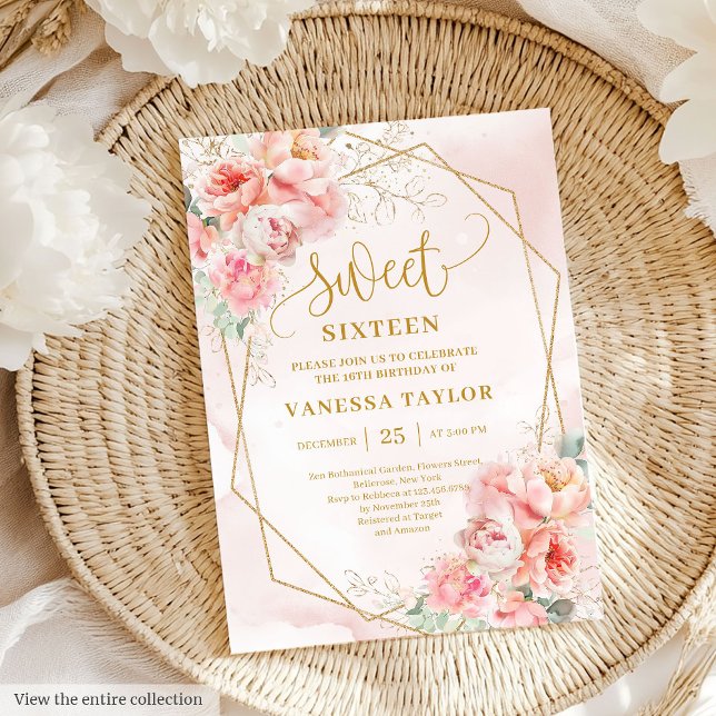 Fancy Powder Pink Gold Flowers Sweet 16 Invitation (Fancy Powder Pink Gold Flowers Sweet 16 Invitation)