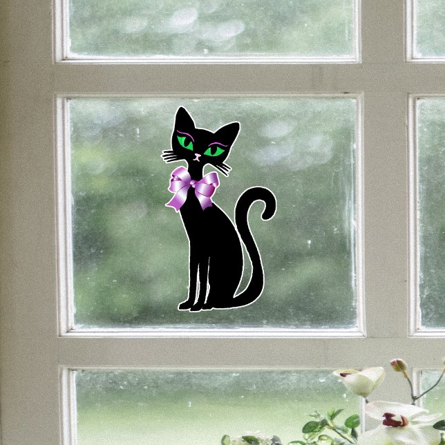 Fancy Pretty Black Cat Green Eyes Pink Bows (Fancy black cat green eyes wearing pretty pink bow on window cling decoration.)