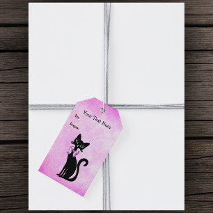 Fancy Pretty Black Cat Green Green Eyes on Pink Gift Tags