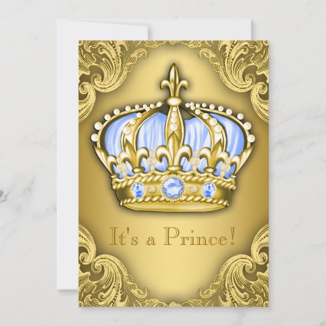 Fancy Prince Baby Shower Baby Blue Gold Invitation (Front)