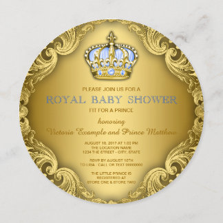 Fancy Prince Baby Shower Baby Blue Gold Invitation