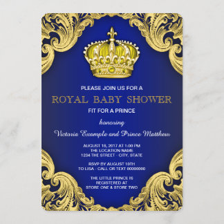 Fancy Prince Baby Shower Blue and Gold Invitation