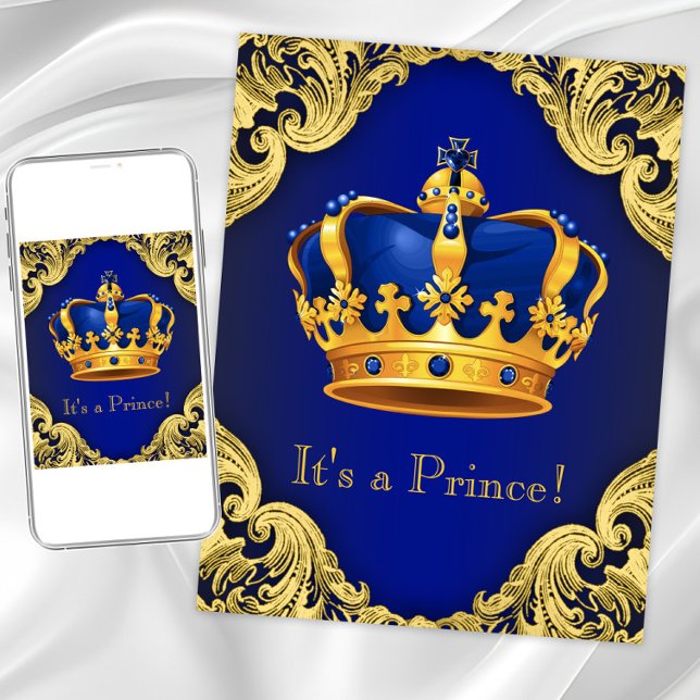 Fancy Prince Baby Shower Blue and Gold Invitation (Prince crown baby shower invitation. Instant download and printed invitations available.)