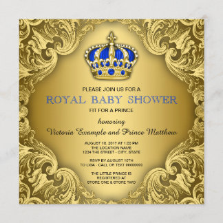 Fancy Prince Baby Shower Blue and Gold Invitation