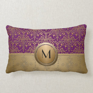 Fancy Purple and Gold Monogram Damask Pattern Lumbar Cushion