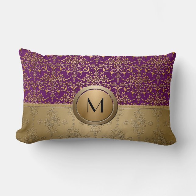 Fancy Purple and Gold Monogram Damask Pattern Lumbar Cushion (Front)