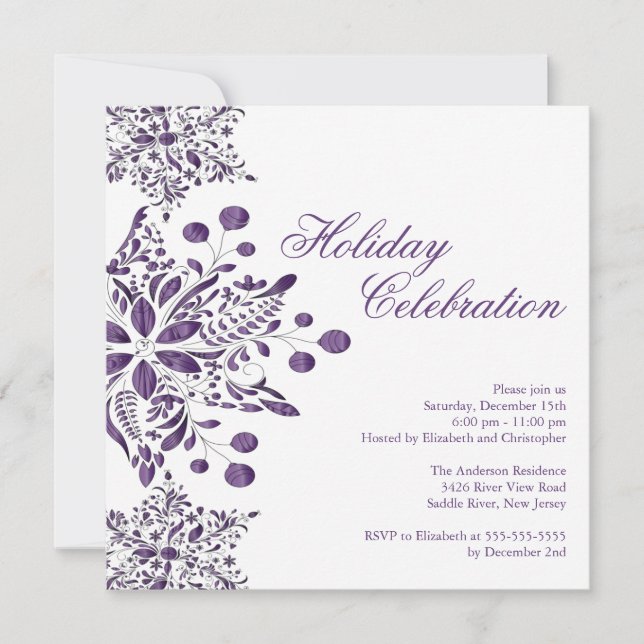 Fancy Purple Jewel Snowflakes Holiday Party Invitation (Front)