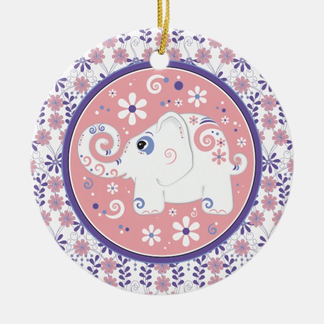Fancy Purple Pink White Elephant Floral Ornament (Front)