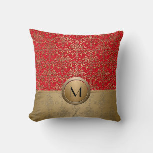 Fancy Red and Gold Monogram Damask Pattern Cushion