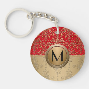 Fancy Red and Gold Monogram Damask Pattern Key Ring