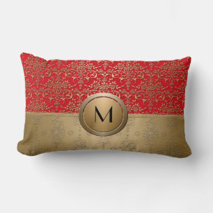 Fancy Red and Gold Monogram Damask Pattern Lumbar Cushion