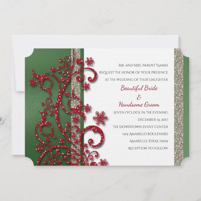 Fancy Red and Green Christmas Wedding Invitation (Front)