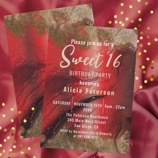Fancy Red Gold Glam Luxury Marble Paint Sweet 16 Invitation (Creator Uploaded)