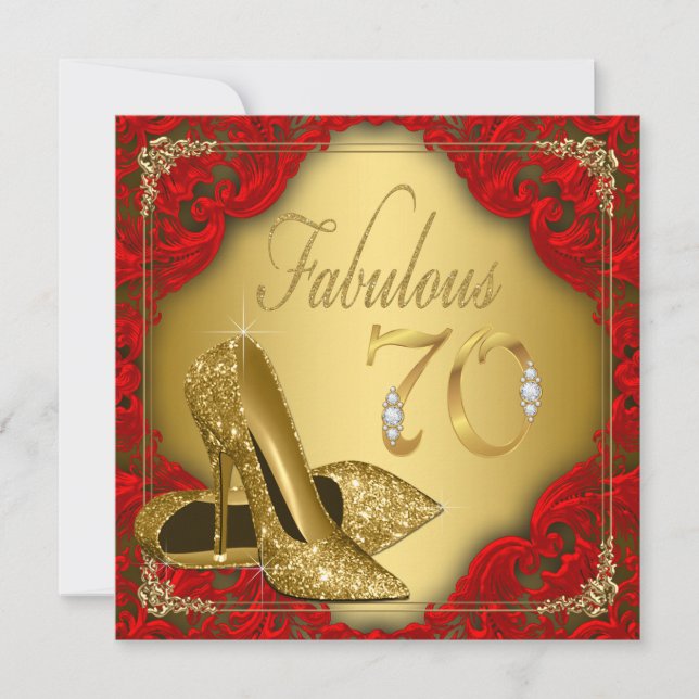Fancy Red Gold High Heel Fabulous 70th Birthday Invitation (Front)
