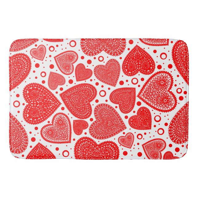 Fancy Red Hearts and Dots Pattern Bath Mat (Front)