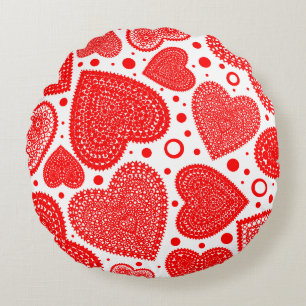Fancy Red Hearts and Dots Pattern Round Cushion