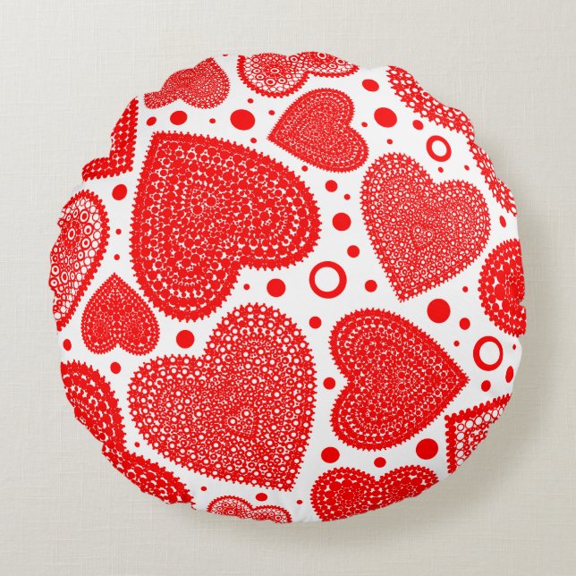 Fancy Red Hearts and Dots Pattern Round Cushion (Front)