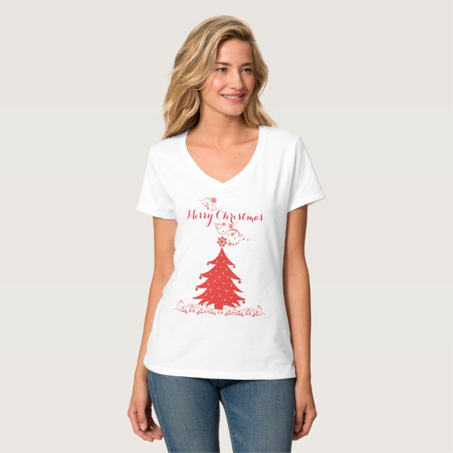 Fancy Red Lace Merry Christmas Tree T-Shirt (Front Full)