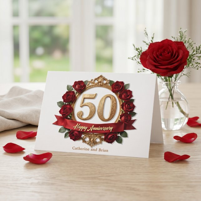 Fancy Red Rose Gold Ornate Frame 50th Anniversary Card (Creator Uploaded)
