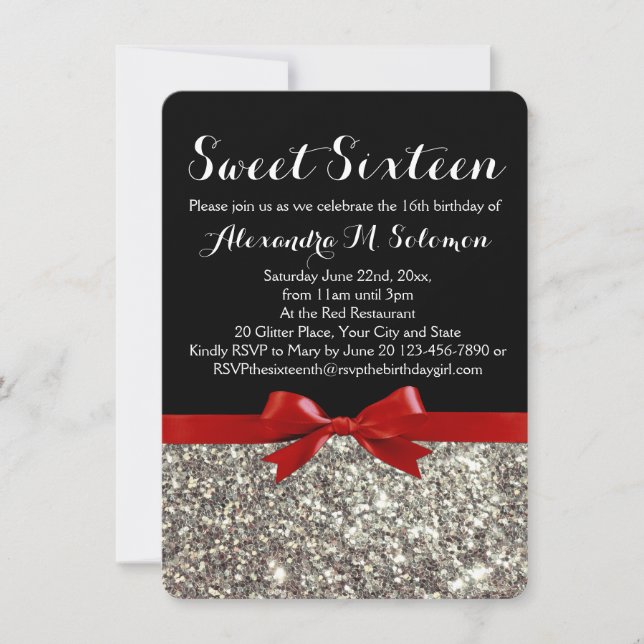 Fancy Red Silver Glitter Sweet 16 Party Invitation (Front)