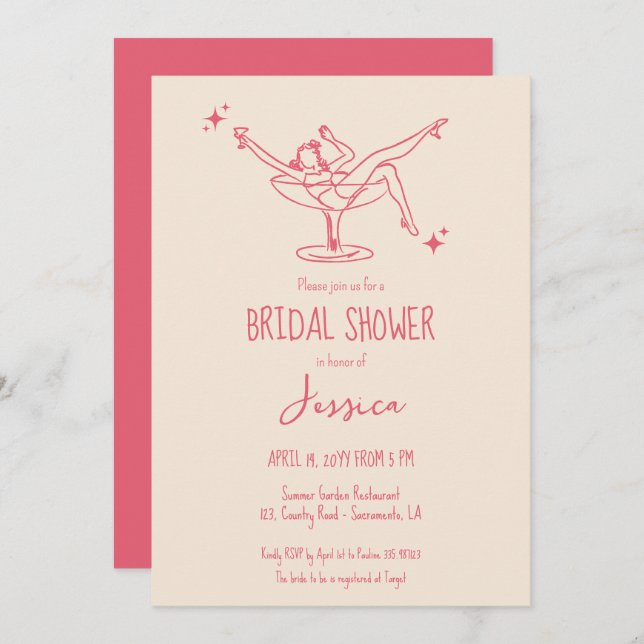 Fancy retro Bridal Shower cocktail hand drawn Invitation (Front/Back)