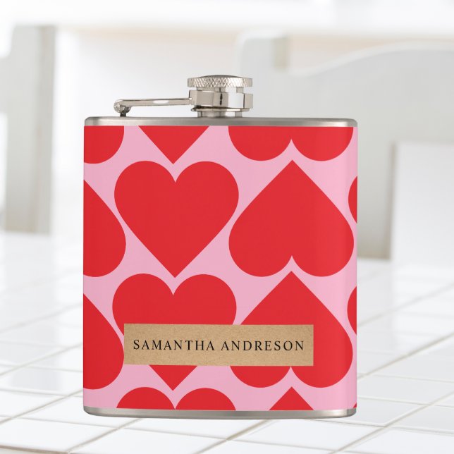 Fancy Romantic Red & Pink Hearts Pattern With Name Hip Flask (Creator Uploaded)