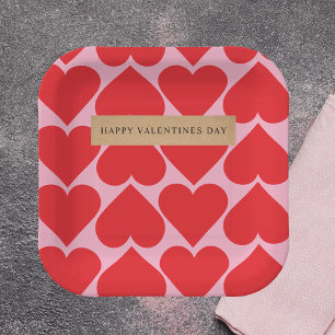 Fancy Romantic Red & Pink Hearts Pattern With Name Paper Plate