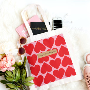 Fancy Romantic Red & Pink Hearts Pattern With Name Tote Bag