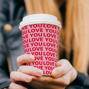 Fancy Romantic Red & Pink Love You Pattern Paper Cups