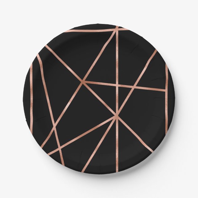 Fancy Rose Gold and Black Geometric Pattern Paper Plate (Front)