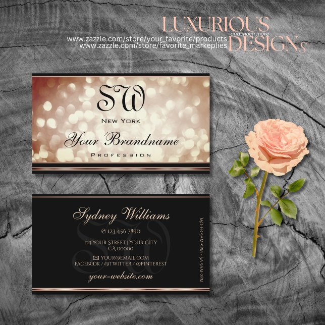 Fancy Rose Gold Sparkle Glitter Black and Monogram Business Card (Creator Uploaded)