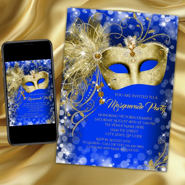 Fancy Royal Blue Gold Glitter Masquerade Party Invitation (Blue and gold masquerade party invitation with pretty gold jewel mask on a blue and gold background.)