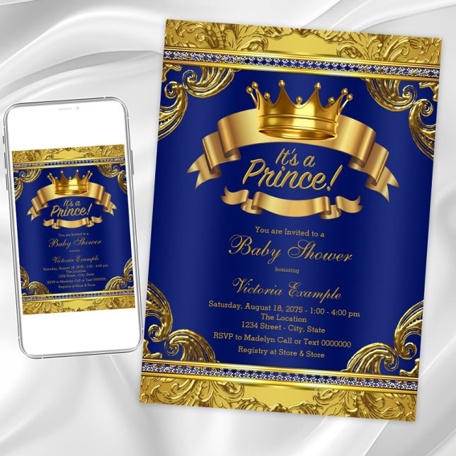 Fancy Royal Blue Gold Prince Baby Shower Invitation (Elegant prince baby shower invitation. Digital download and printed invitations available.)