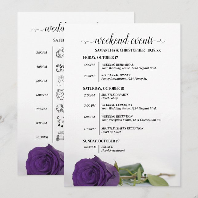 Fancy Royal Purple Rose Wedding Events & Timeline Programme (Front/Back)