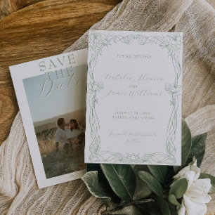 Fancy Sage Green Old Money Photo Retro Wedding Save The Date