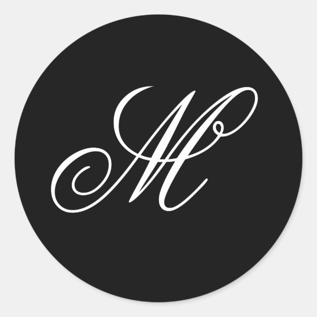 Fancy Script Calligraphy Black and White Monogram Classic Round Sticker (Front)