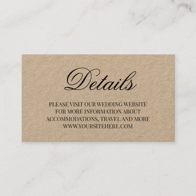 Fancy Script Calligraphy Wedding Details Kraft Business Card (Front)