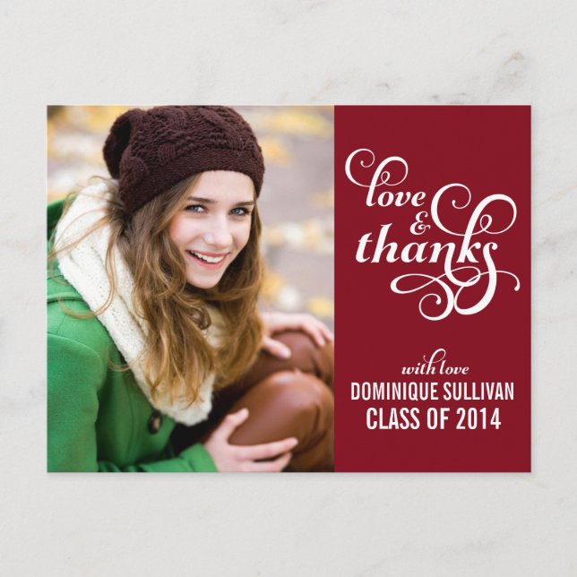 Fancy Script Graduation Thank You Postcard | Red (Front)
