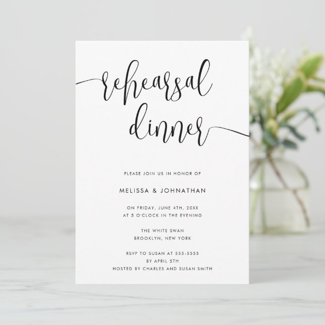 Fancy Script Modern Rehearsal Dinner Invitation (Standing Front)