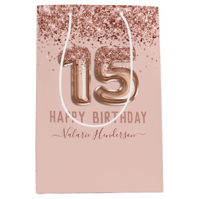 Fancy Script Pink Glitter Happy 15th Birthday Medium Gift Bag (Front)