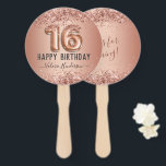 Fancy Script Pink Glitter Happy 16th Birthday Hand Fan<br><div class="desc">Girly glitter,  millennial pink background,  with fancy script name typography. Faux rose gold 16 balloon text. Great for sweet 16 celebrations.</div>