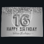 Fancy Script Pink Glitter Happy 16th Birthday Large Gift Bag<br><div class="desc">Girly glitter,  silver gradient background,  with fancy script name typography. Silver 16 balloon text. Great for sweet 16 celebrations.</div>