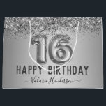 Fancy Script Pink Glitter Happy 16th Birthday Large Gift Bag<br><div class="desc">Girly glitter,  silver gradient background,  with fancy script name typography. Silver 16 balloon text. Great for sweet 16 celebrations.</div>