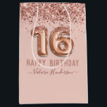 Fancy Script Pink Glitter Happy 16th Birthday Medium Gift Bag<br><div class="desc">Girly glitter,  millennial pink background,  with fancy script name typography. Faux rose gold 16 balloon text. Great for sweet 16 celebrations.</div>