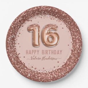 Fancy Script Pink Glitter Happy 16th Birthday Paper Plate