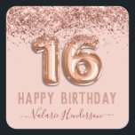 Fancy Script Pink Glitter Happy 16th Birthday Square Sticker<br><div class="desc">Girly glitter,  millennial pink background,  with fancy script name typography. Faux rose gold 16 balloon text. Great for sweet 16 celebrations.</div>