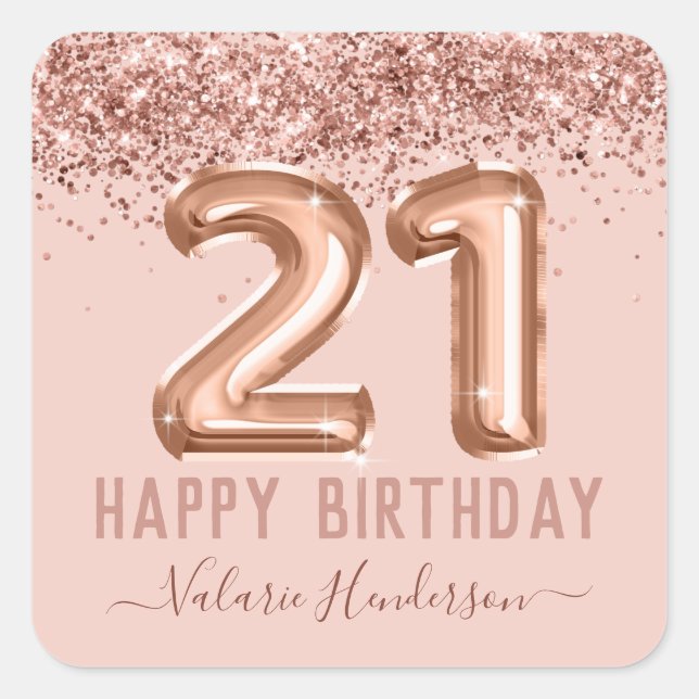 Fancy Script Pink Glitter Happy 21st Birthday Square Sticker (Front)