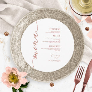 Fancy Script Round Wedding Menu Card For Plate